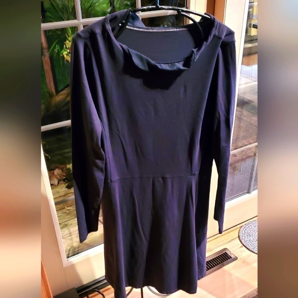 Athlete Long Slv Fit and Flare Dress Draped Neckline Navy Blue Stretch Knit